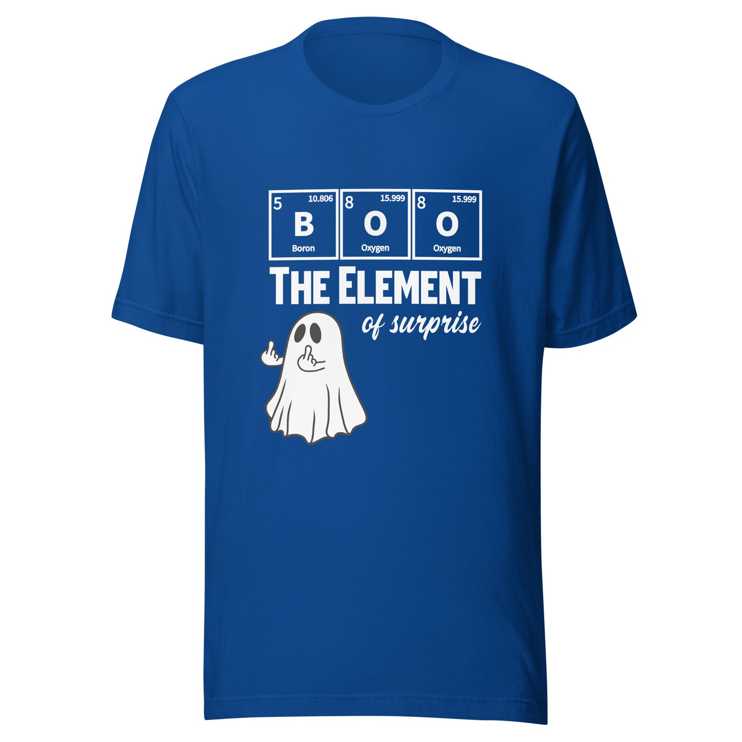Unisex true royal t-shirt featuring a funny ghost graphic and Halloween science pun by Knot Qualified.
