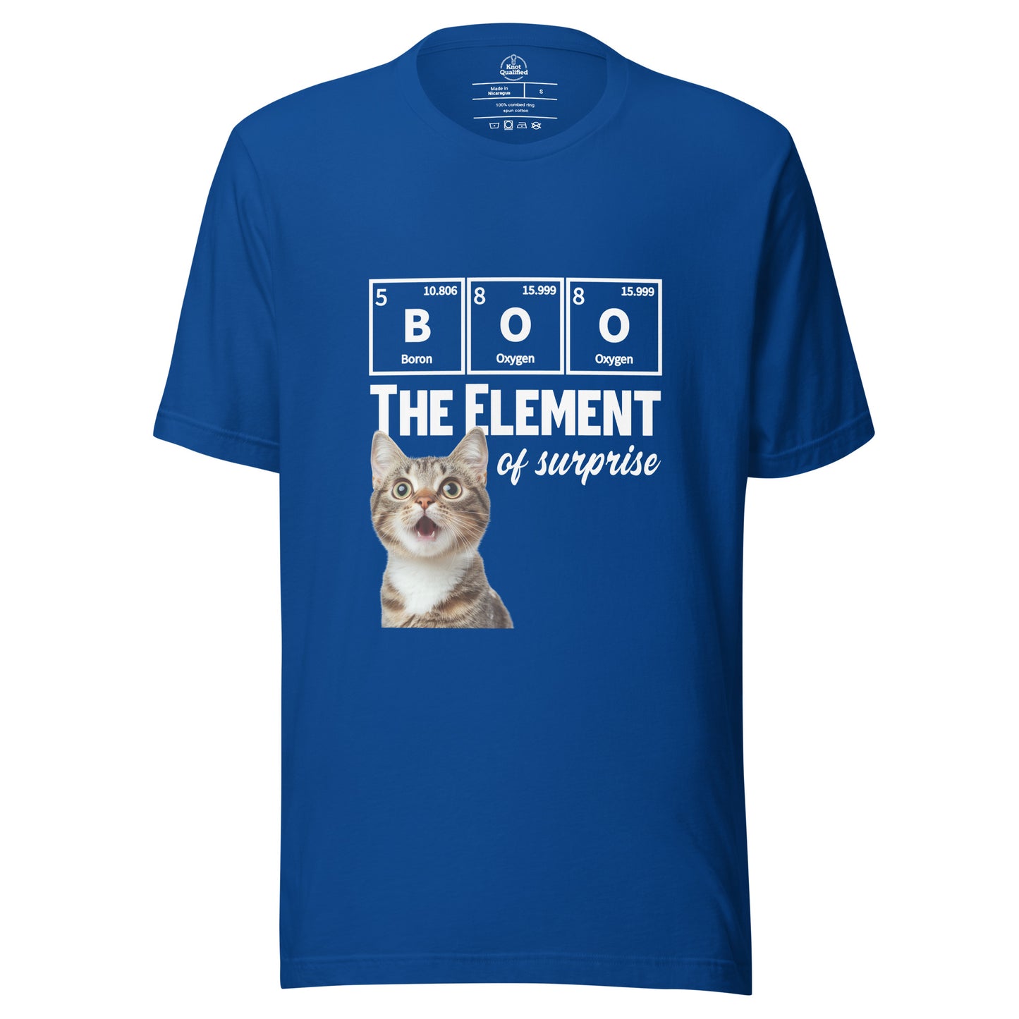 Unisex true royal t-shirt by Knot Qualified featuring a cute kitten chemistry pun design.