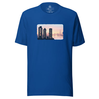 Unisex Knot Qualified t-shirt in true royal featuring London skyline design for rope access technicians.
