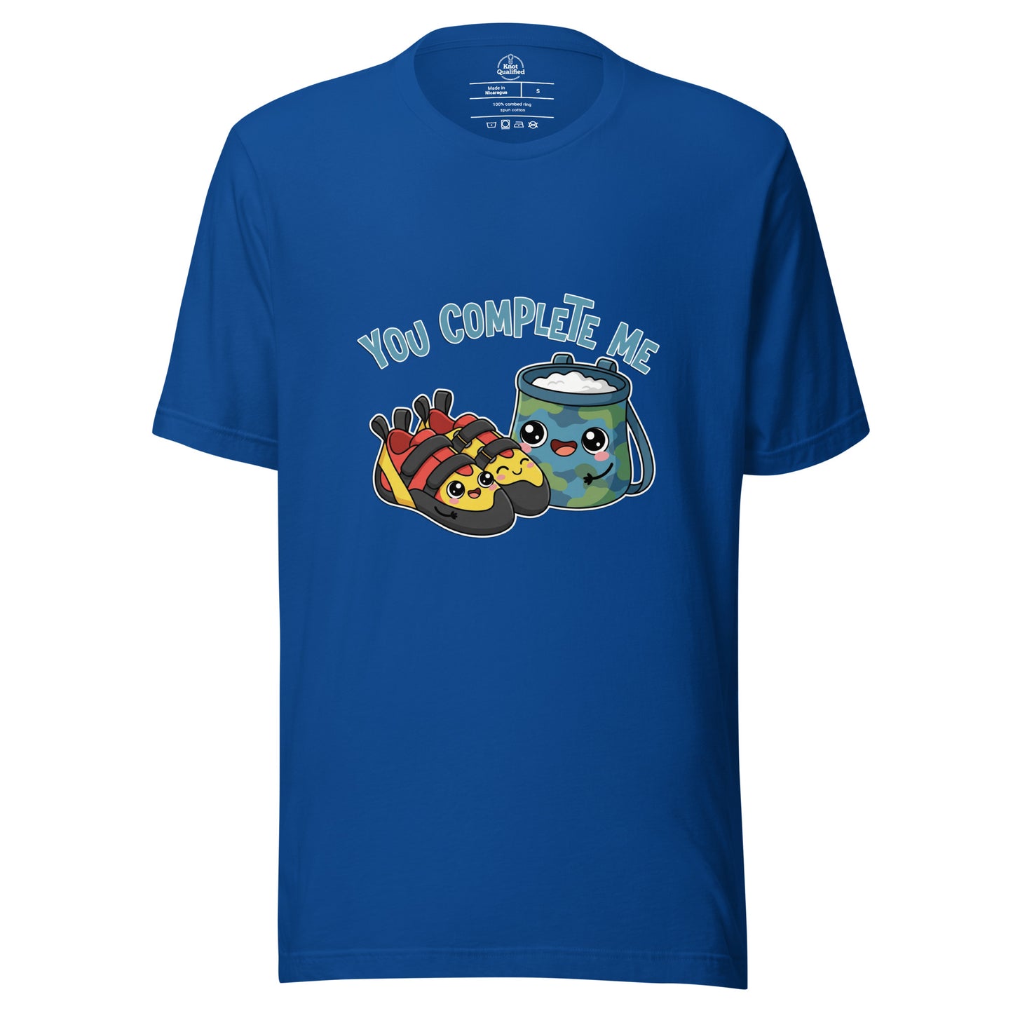 Unisex true royal t-shirt featuring "You Complete Me" graphic, perfect for rock climbing and bouldering enthusiasts.