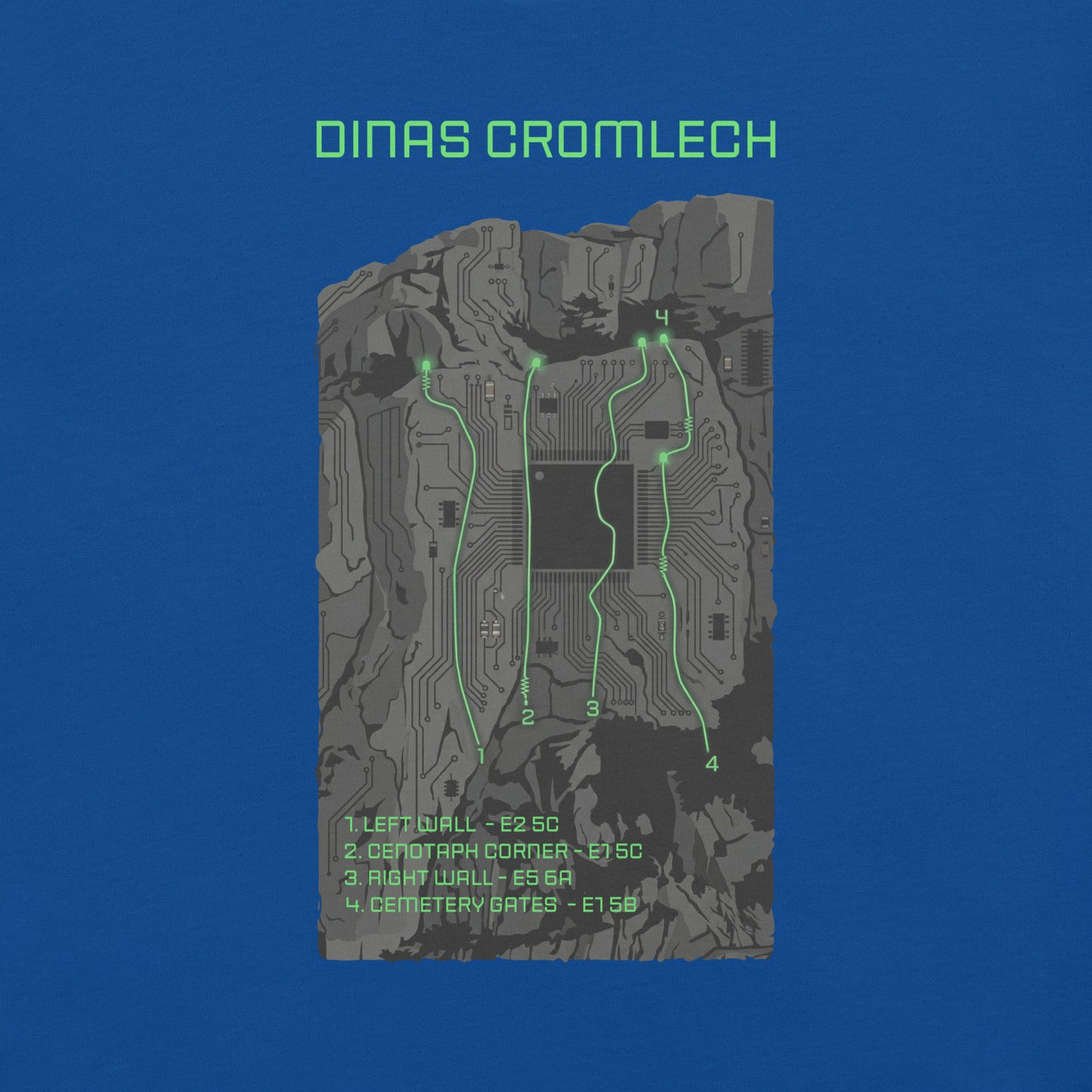 Unisex true royal Cenotaph Corner Climbing Topo T-Shirt by Knot Qualified featuring Dinas Cromlech Trad Icon design.