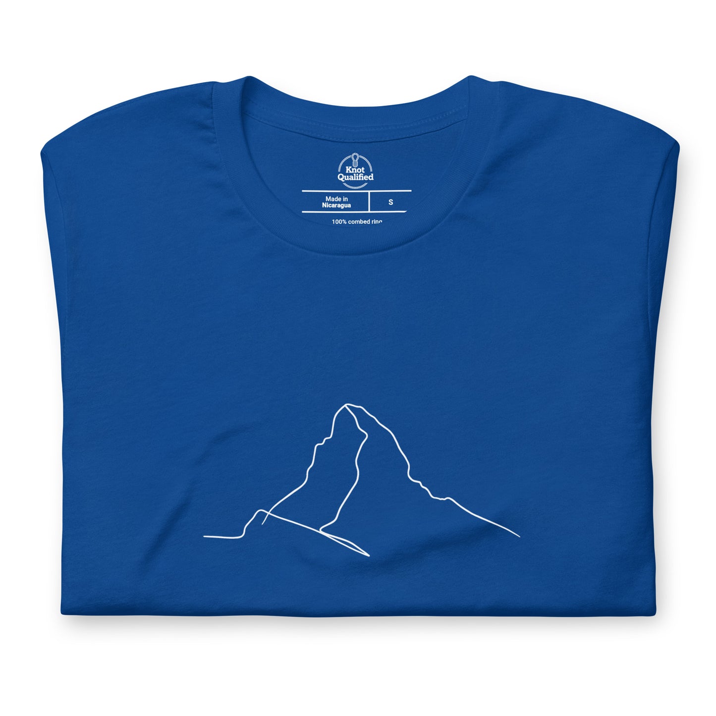 Unisex true royal t-shirt featuring minimalist Matterhorn line art in Picasso style by Knot Qualified.
