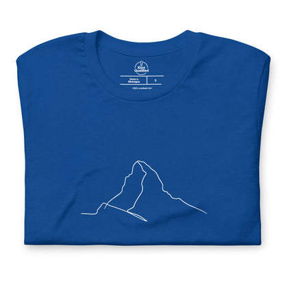 Unisex true royal t-shirt featuring minimalist Matterhorn line art in Picasso style by Knot Qualified.
