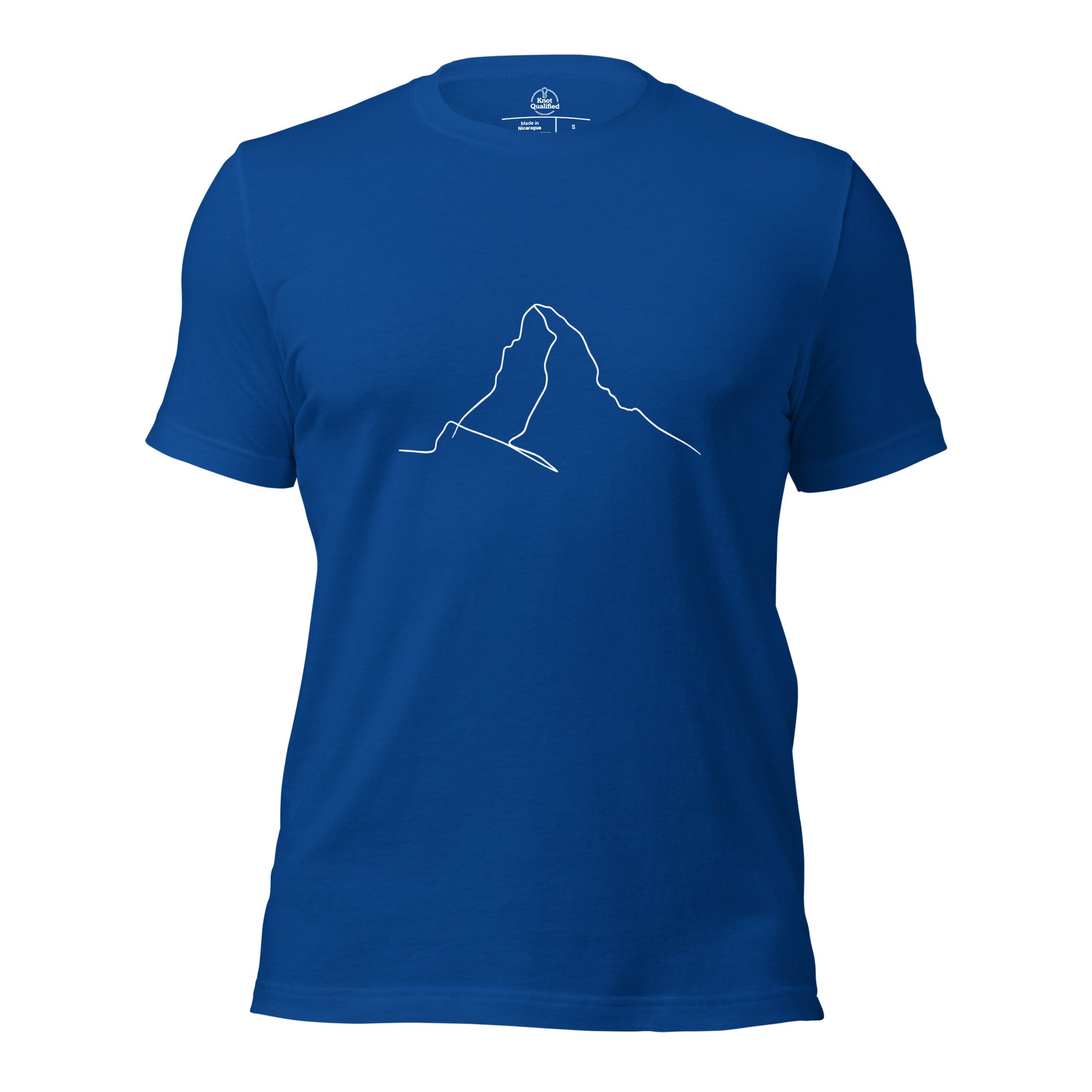 Unisex true royal t-shirt featuring minimalist Matterhorn line art in Picasso style by Knot Qualified.