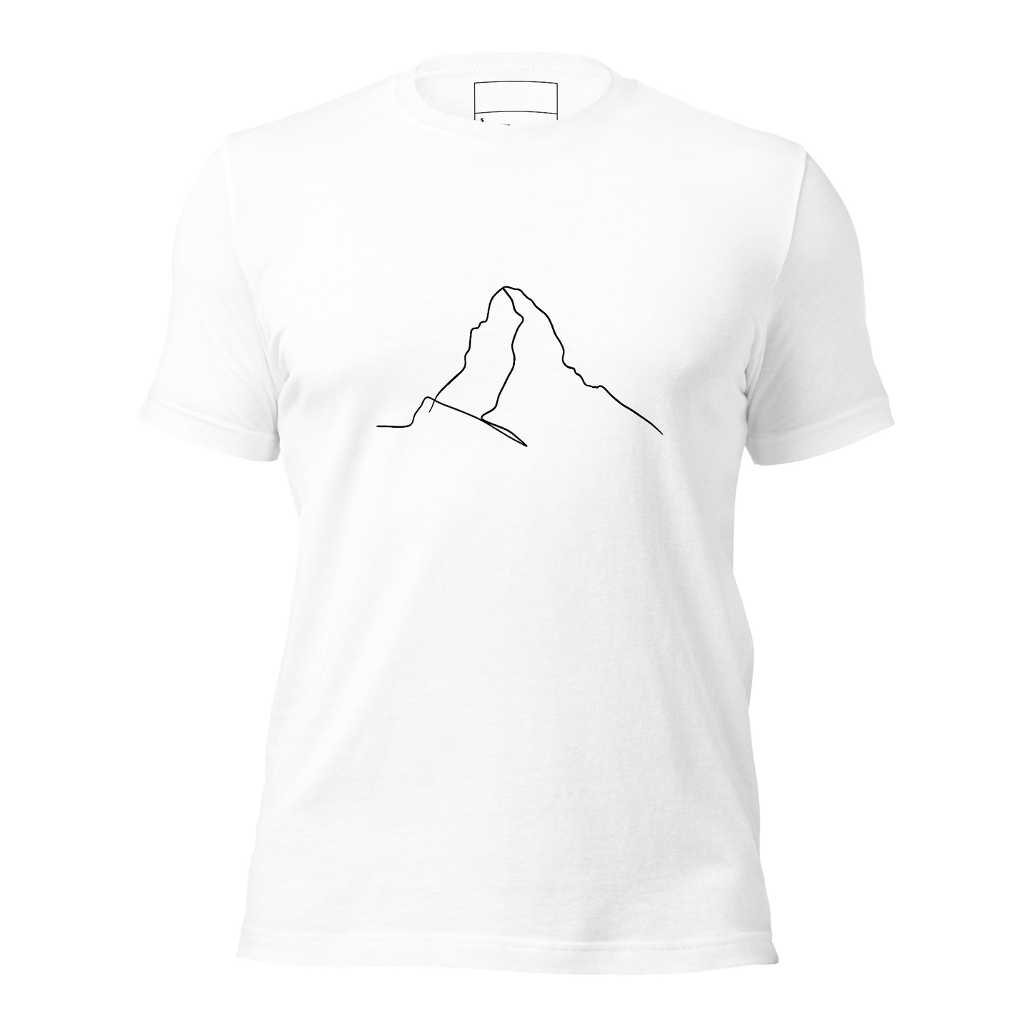 White unisex T-shirt featuring minimalist Matterhorn line art in Picasso style by Knot Qualified.