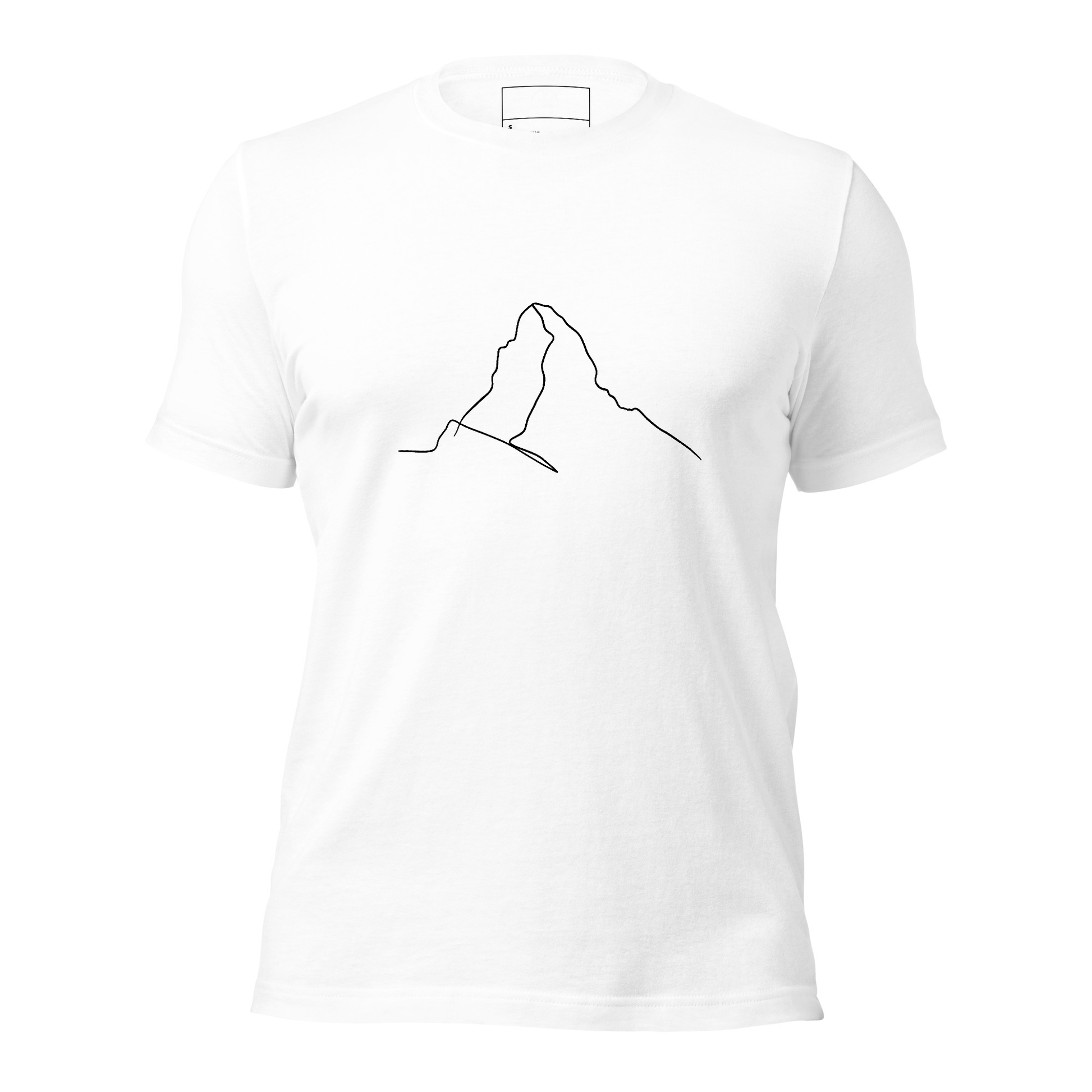 White unisex T-shirt featuring minimalist Matterhorn line art in Picasso style by Knot Qualified.