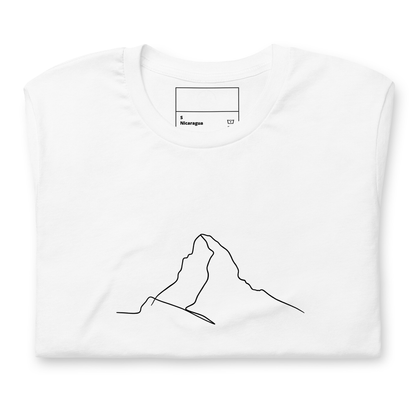 White Minimalist Matterhorn line art T-shirt by Knot Qualified featuring a Picasso style alpinist design on the front.