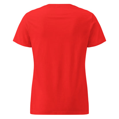 Women's softstyle red t-shirt featuring a carabiner graphic by Knot Qualified, viewed from the back.