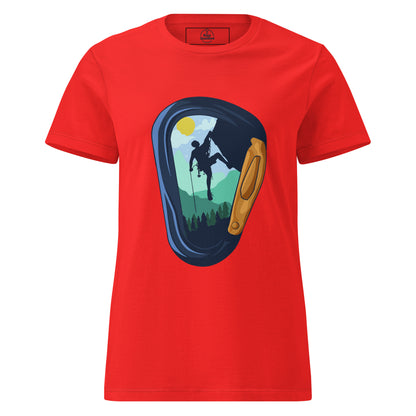 Women's red Knot Qualified softstyle t-shirt featuring a carabiner climbing graphic on the front.